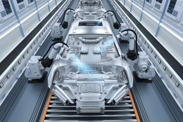 Automatisering Autofabriek Met Rendering Robot Airbrush Schilderen Autofabriek — Stockfoto