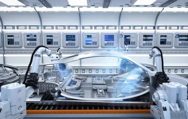 Automatyzacja Fabryki Samochodów Renderowania Robota Airbrush Malowanie Fabryce Samochodów — Zdjęcie stockowe