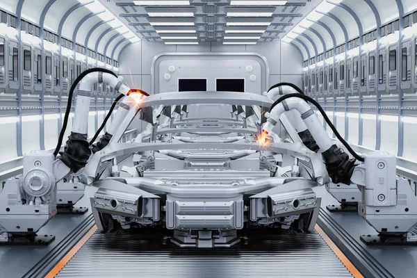 Концепція Автоматизації Автомобільного Заводу Лінією Складання Роботів Автозаводі — стокове фото