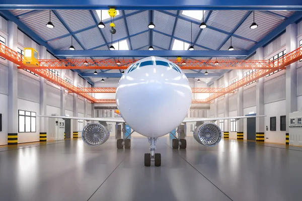 Renderização Avião Comercial Hangar Para Manutenção — Fotografia de Stock