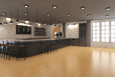 İçerisinde tezgah çubuğu ve boş alanı olan 3 boyutlu bir kafeterya ya ya da kahveci.