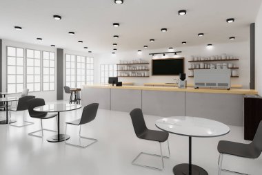 İçinde tezgah barı ve boş koltukları olan 3 boyutlu bir kafeterya veya kahve dükkanı.
