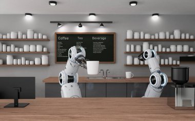Otomasyon kafe ya da kahve dükkanı konsepti 3 boyutlu robot kahve servisi yapan kahve servisi yapan 