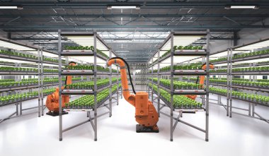 3 boyutlu robotik kol spreyi üreten tarım teknolojisi konsepti seradaki bitkilerin üzerine