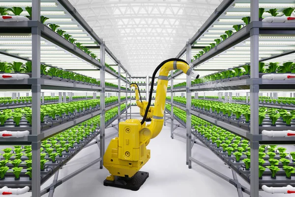 Landwirtschaftstechnisches Konzept Mit Rendering Roboterarm Sprühdünger Auf Pflanzen Gewächshaus — Stockfoto