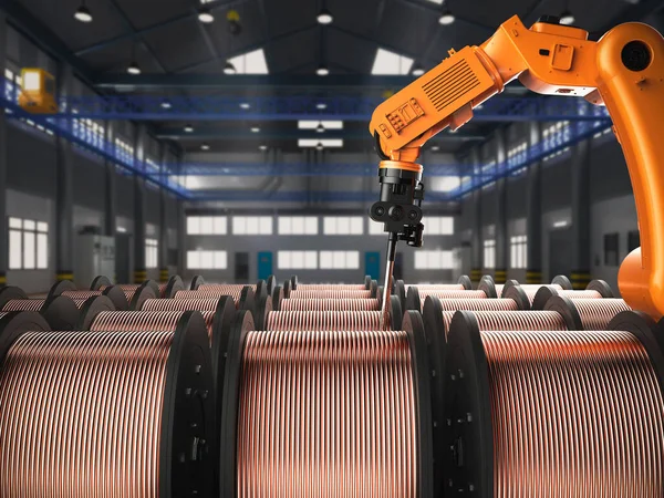 工厂内带铜丝辊三维渲染机器人臂的自动化工厂概念 — 图库照片