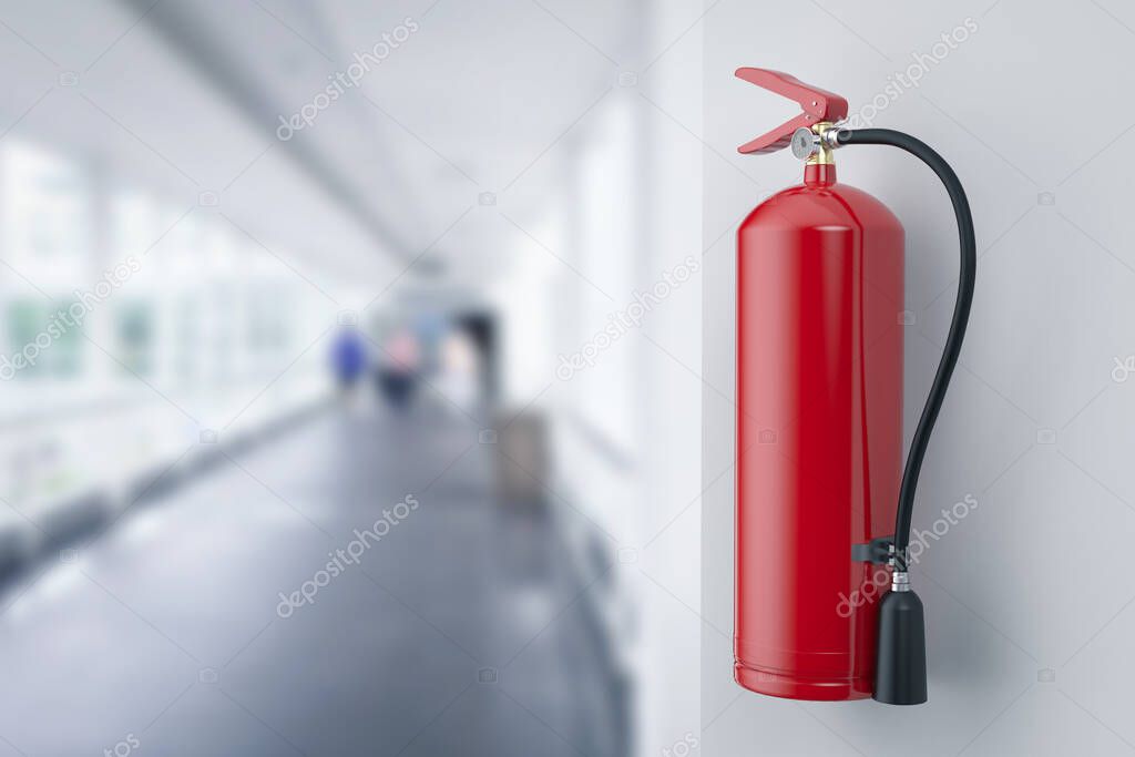 3d rendering fire extinguishers hanging on wall in office