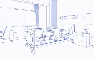 3D hastane iç planının düzeltilmesi ya da yataklı ve konforlu yataklı hasta odasının hazırlanması