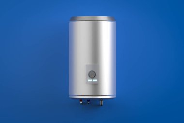 3D kazan ya da su ısıtıcısı mavi duvarda asılı.