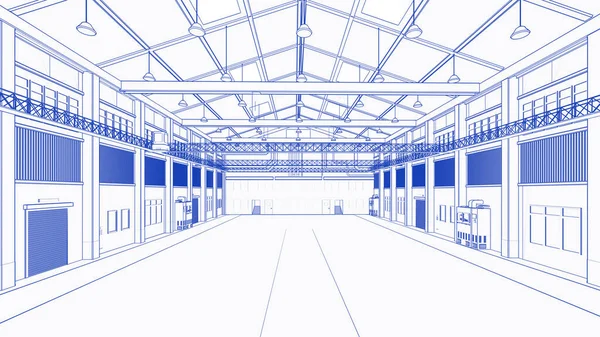 Rendering Interior Empty Factory Blueprint Pendant Lamps — Stock Photo, Image