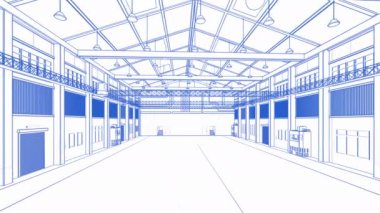 3D döşeme içi boş fabrika planı ve kolye lambaları 4k görüntü