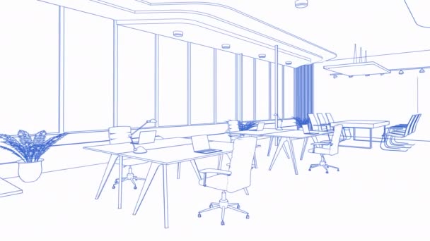 Rendering Empty Office Space Workspace Blueprint Design Computer Notebook Footage — Stock Video