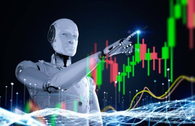3D robotlu finans teknolojisi konsepti borsada büyük verileri analiz ediyor