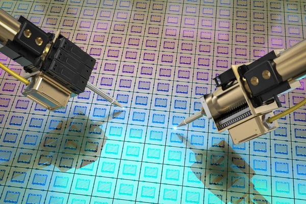 Productie Van Halfgeleiders Met Destructieve Robotarmen Met Siliciumwafers — Stockfoto