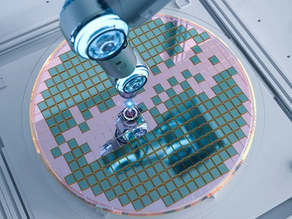 Fabricação Semicondutores Com Braços Robóticos Renderização Com Bolachas Silício — Fotografia de Stock