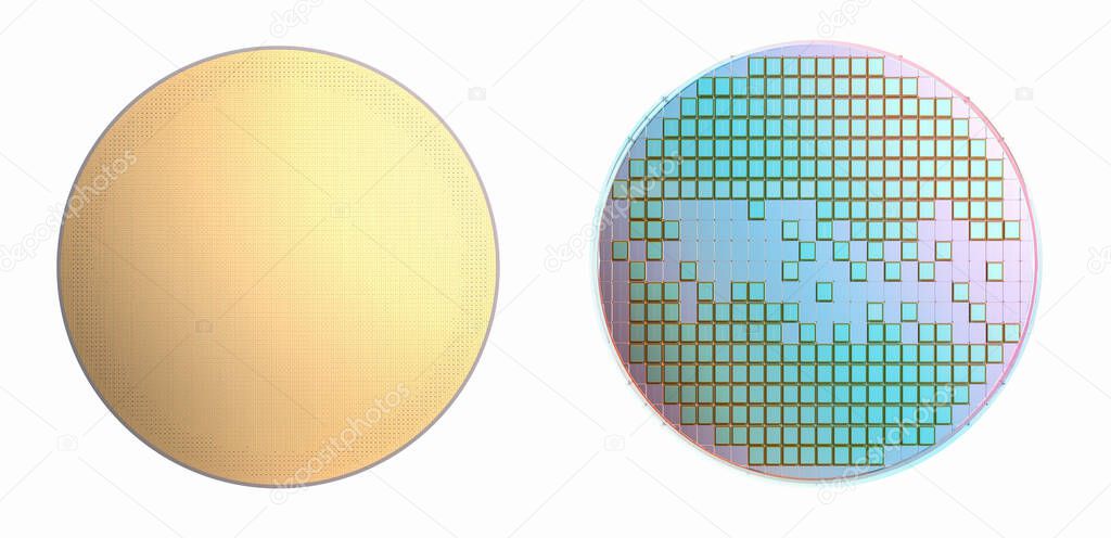 3d rendering silicon wafer plates for semiconductor manufacturing isolated on white