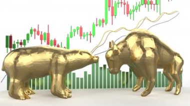 Boğa ve ayı ekonomisi konsepti 3D boğa ve ayı görüntüleriyle 4K görüntülerle karşı karşıya