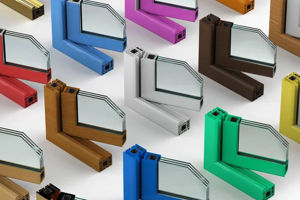 Rendering Group Upvc Window Profiles Frames Several Color Materials — Stock Photo, Image