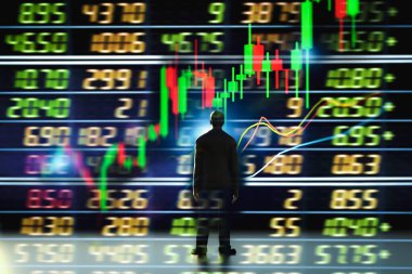 3D işadamı hisse senedi verilerini analiz ediyor