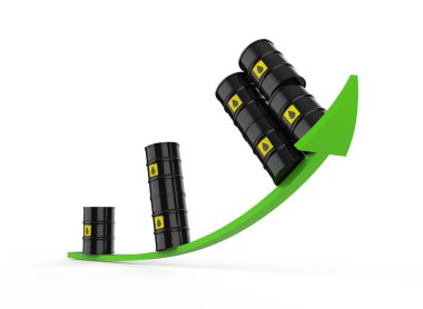 Petrol fiyatları yükselen konsept ile 3D işlemeli petrol varili yukarı ok