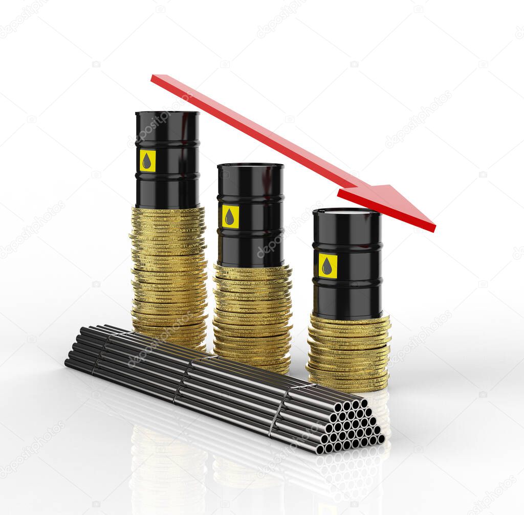 Commodity price falling concept with 3d rendering oil barrel and steel with arrow down