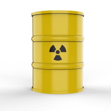 Radyasyon tehlikesi işaretli 3 boyutlu sarı fıçı.