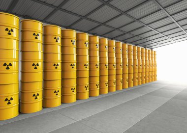 Radyasyon tehlikesi işareti taşıyan 3 boyutlu sarı varil grubu.