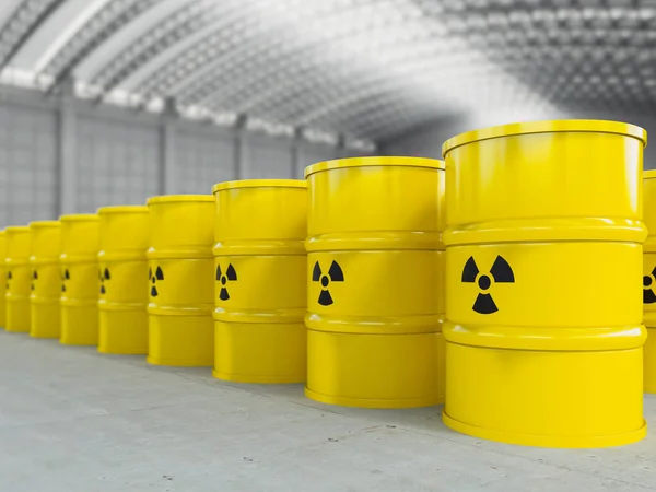 Grupo Renderização Barris Amarelos Com Sinal Risco Radiação — Fotografia de Stock