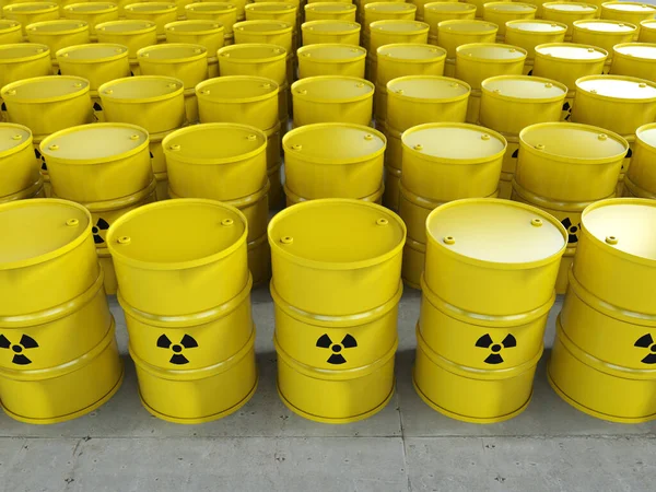 3d rendering group of yellow barrels with radiation hazard sign