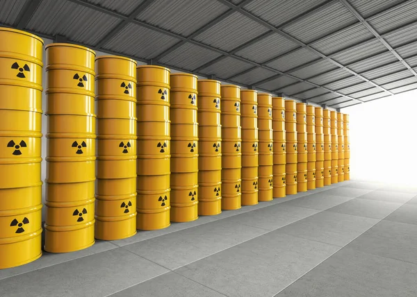 3d rendering group of yellow barrels with radiation hazard sign