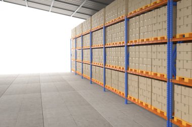 3D render raflar karton tam depoda kutuları