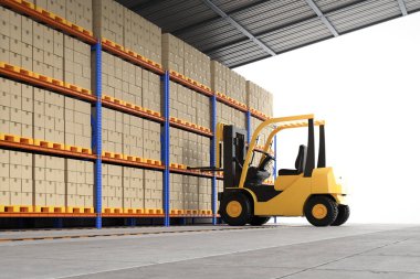 3d rendering forklift in warehouse