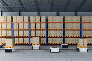 3D depo robotlu otomasyon depo yönetimi karton kutu taşıyor