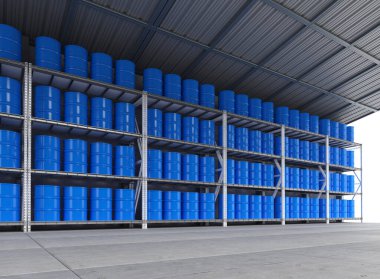 Depoda 3D mavi fıçı yığını