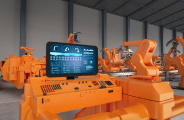 Otomasyon fabrika kavramı ile 3d render Denetim Masası perde ile robot savaş silahları