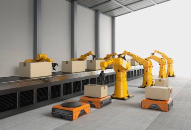 Otomasyon Fabrika kavramı ile 3d render robot kol ambar robot ve konveyör bant ile