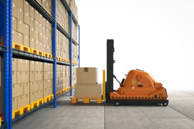Automation warehouse management with 3d rendering automatic forklift in stockroom