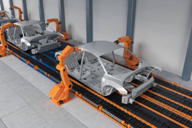 Otomobil fabrikası konsepti ve otomobil fabrikasında 3 boyutlu robot üretim hattı.