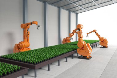 Agriculture technology concept with 3d rendering robotic arms in  greenhouse