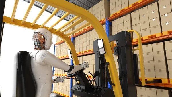Gestión Almacén Automatización Con Carretilla Elevadora Robot Renderizado Almacén — Foto de Stock