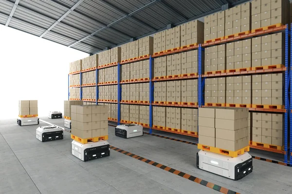 Automation Warehouse Management Rendering Warehouse Robot Carry Cardboard Box — Foto Stock