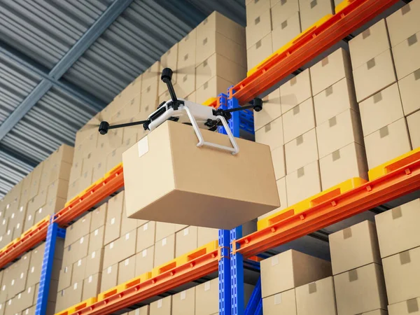 Automation Warehouse Concept Rendering Delivery Drone Holding Cardboard Box — ストック写真
