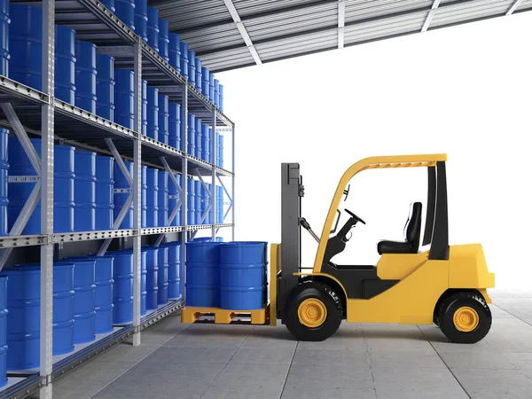 Rendering Forklift Truck Blue Barrels Warehouse — 스톡 사진