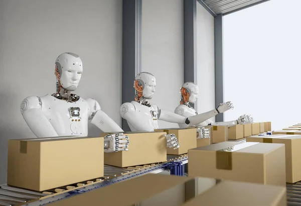 Automatiseringsfabriek Met Rendering Robot Assemblagelijn Werkend Met Kartonnen Dozen Transportband — Stockfoto