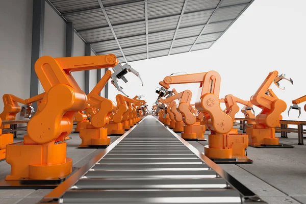 Concepto Industria Automatización Con Línea Montaje Robot Renderizado Fábrica — Foto de Stock