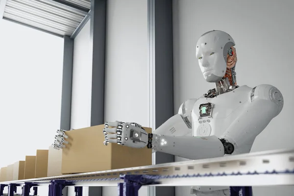 Automation Factory Rendering Robot Assembly Line Working Carton Boxes Conveyor —  Fotos de Stock