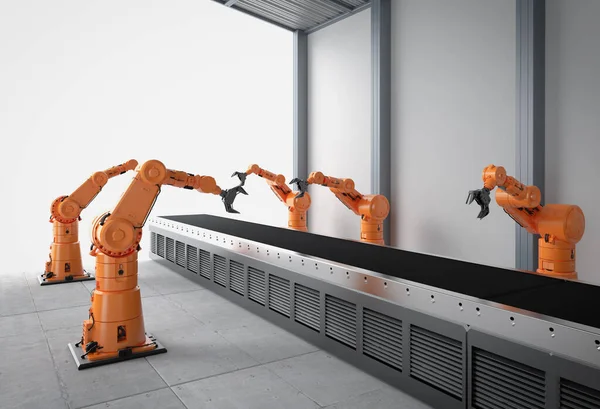 Αυτοματισμού Έννοια Της Βιομηχανίας Απόδοση Ρομπότ Γραμμή Συναρμολόγησης Στο Εργοστάσιο — Φωτογραφία Αρχείου