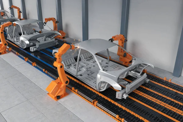 Automatisering Auto Fabrieksconcept Met Rendering Robot Assemblagelijn Autofabriek — Stockfoto