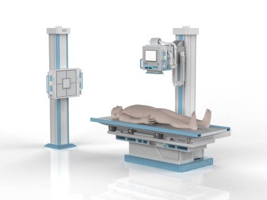 3d rendering x-ray treatment with x-ray scanner machine and model patient