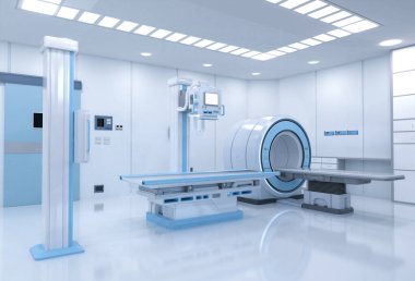 3D MRI tarayıcısı ve röntgen cihazı olan hastane radyoloji odası.